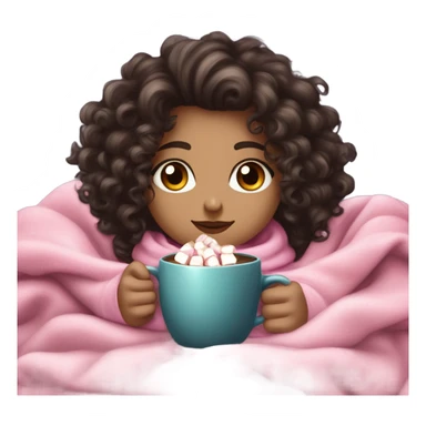 Light skin girl with dark dark brown curly hair under our pink blanket,make her look like a young  make it so you can see the curly hairsipping hot cocoa with marshmallows, cuddled around the blanket, long curly hair, long, medium lashes sticker