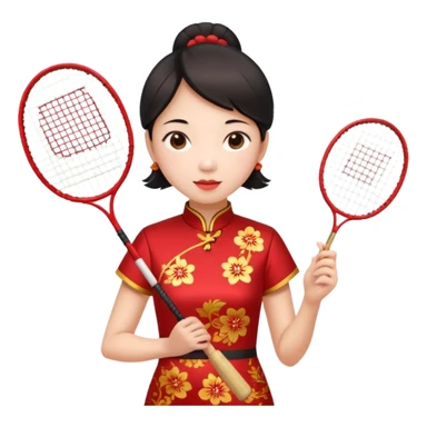ancient cheongsam girl with 1 badminton racket, red sticker