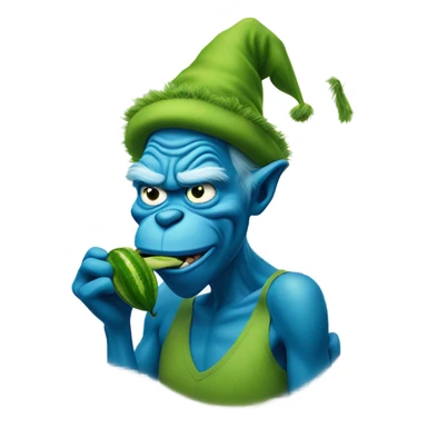 Blue Grinch sucking on a green pickle  sticker