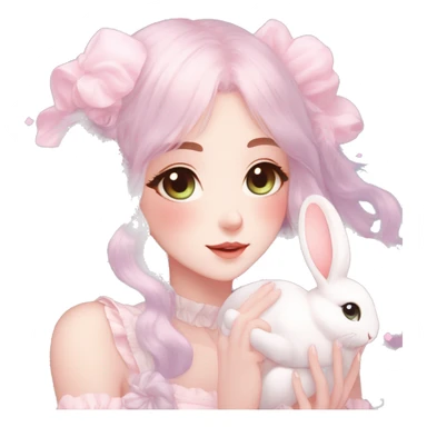 Gorgeous pastel anime style lady with blushing face and holding a bunny cottagecore fairycore pastelcore colorful pearly romantic simplistic aesthetic trending style sticker