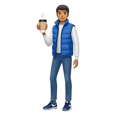 full body man with long sleeve white shirt with blue puffer winter vest with no pockets wearing straight long levi blue jeans with no cuffs and black tennis shoes holding a coffee mug in one hand in front of him and nothing in the other hand and one leg slightly bent sticker