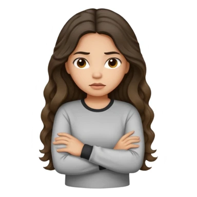 Hispanic light tan girl with long dark wavy hair pouting and arms folded. Wearing a long sleeve. Hair with middle part. sticker