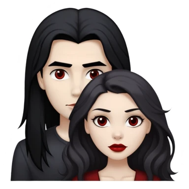 beautiful white girl with black hair and slightly dark red at the end with brown eyes and red lips, with a strong cheekbones and strong face features standing with white slightly dark guy with brown long fluffy hair and grey eyes with also strong skull and cheekbones sticker