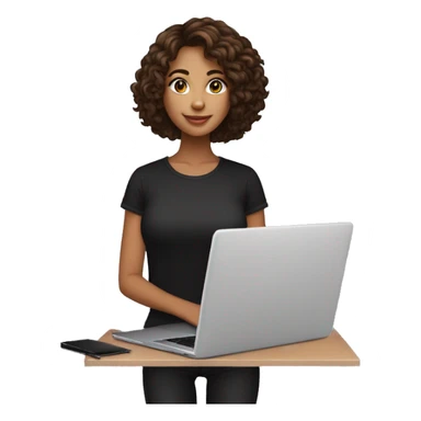 una chica de 24 años, con cabello castaño oscuros, mediano y rizado, con ojos marrones claros,vestida de camiseta y pantalón color negro, con una laptop en sus manos sticker