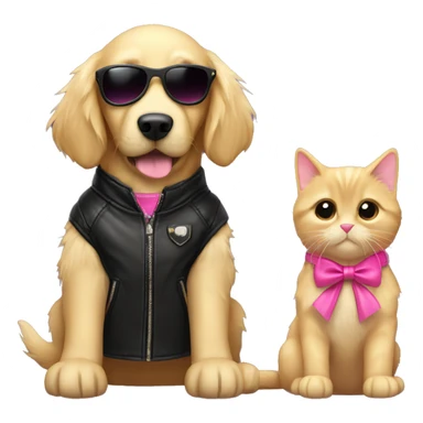 Small golden retriever wearing a pink bow next to a black cat in a leather jacket wearing sunglasses  sticker