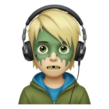 boy zombie whit blonde emo hair and eyes blue and GREEN SKIN and heandphones AND A MICROFONE AND GOLD TEETH  sticker