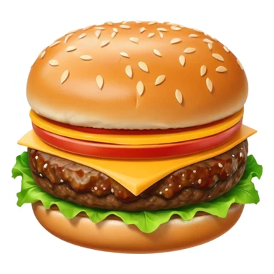 A classic single patty hamburger emoji, 3D Apple style, glossy and colorful. Soft rounded bun with sesame seeds, one beef patty, fresh lettuce, tomato slice, melted cheese, realistic but cartoonish look, clean white background sticker