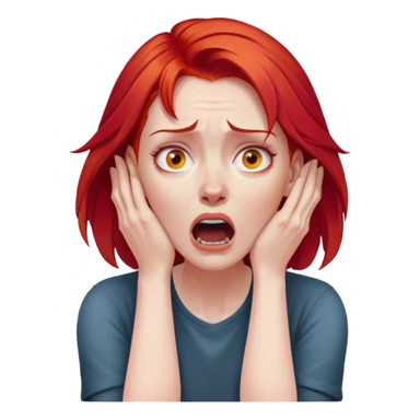 of a white woman with bright red hair, visibly distressed and clutching her neck with both hands, her face conveying a strong sense of panic and fear sticker