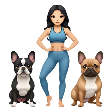 latin woman in a yoga outfit with long black hair standing alongside two French bulldogs  sticker