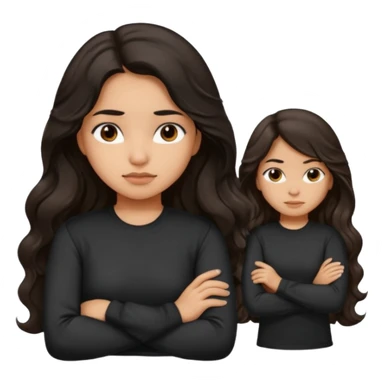 Hispanic girl dark long wavy hair crossing her arms with slight pout wearing a black long sleeve shirt sticker