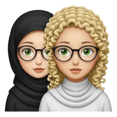 White hijabi girl with black eyes and black long hair white girl and black eyes wearing glasses and a white skin girl with curly honey hair and green eyes sticker