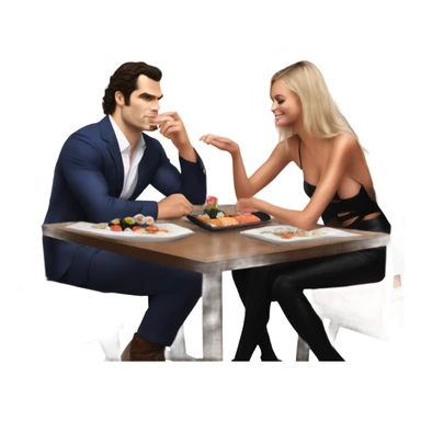 realistic photo of Henry Cavill with a beautiful  victoria secret model on a sushi date sticker
