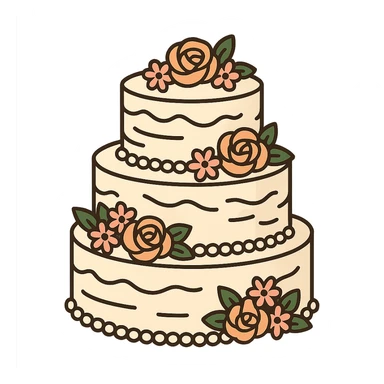 flat toon white buttercream three-tiered wedding cake with flowers sticker