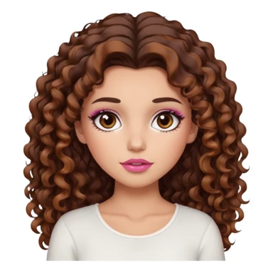 white girl with long voluminous dark brown curly hair with caramel highlights wearing a white top. Blush on the cheeks and big eyelashes and a brown-pink lip combo  sticker