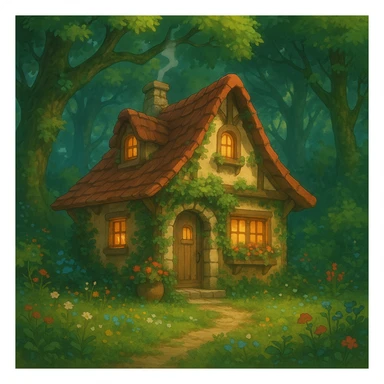 cozy cottage in a magical forest sticker