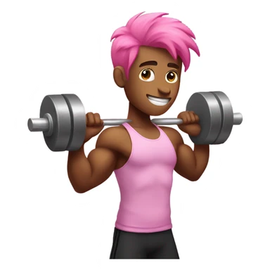 Muscular man lifting weights in a gym with pink hair sticker