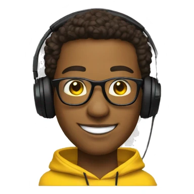 DJ brown skin, smiling, Yellow Pullover, headphones and withe glasses sticker