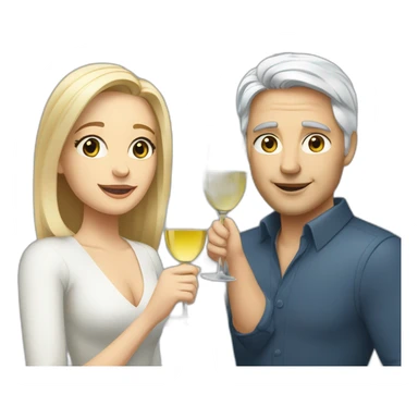A white woman with brown eyes and blond medium long hair and a white man with blue eyes and grey hair, toasting with a glass of white wine sticker