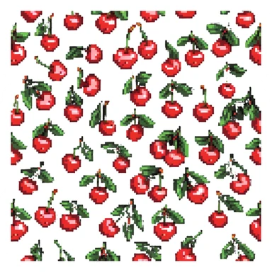 Pixel art of a small bunch of red cherries with green stems sticker