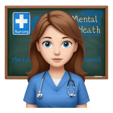 university classroom that says Mental Health Nursing on the blackboard with a pretty female nursing student with long brown hair, blue eyes sticker