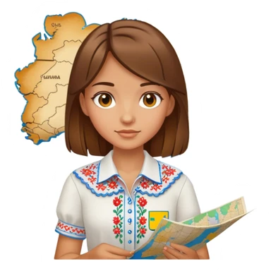 A Ukrainian girl with brown hair wearing an embroidered shirt holds a map of Ukraine sticker