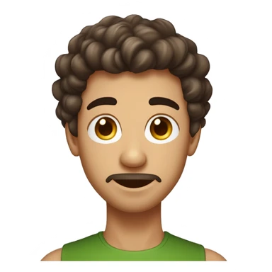 Sexe masculin. Cheveux brun foncé clair, bouclés, qui descendent jusqu'aux oreilles. Teint clair. Yeux marron vert. Visage ovale avec un léger bouc. Expression légèrement sérieuse avec sourcils froncés. Ajoute des AirPods. sticker