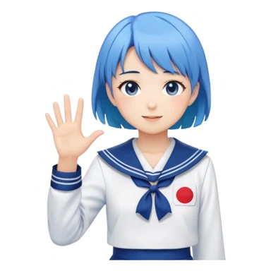 Anime girl with short bright blue hair wearing Japanese sailor style school uniform, composed posture with hand on hip but shyly waving with other hand, blushing face and timid smile sticker