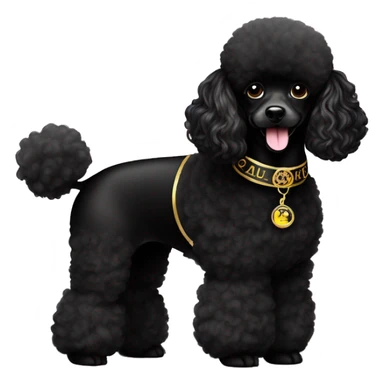 Black miniature poodle with a black Versace collar with a name tag that says Lucy  sticker