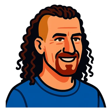 vibrant toon style white man in his 40s, long tight curly hair with short sides, no background sticker