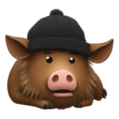 fullface brown boar tired of life with a black winter hat sticker