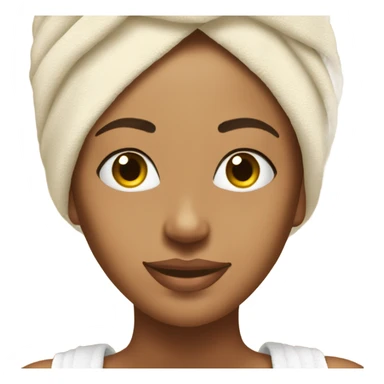 Tan girl with towel on her head and hair front peices hanging out with a skincare mask on her face sticker