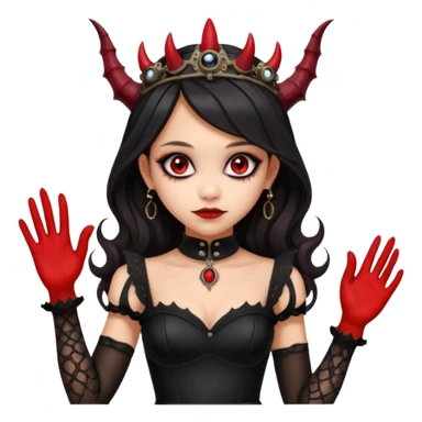 Slim fitting seductive dress Holed and worn Lavish black evening gown with see-through gloves, Jenna Ortega as Addams woman wearing a steampunk mini tiara, very large blood red evil-looking horned old dragon evil eyes  sticker