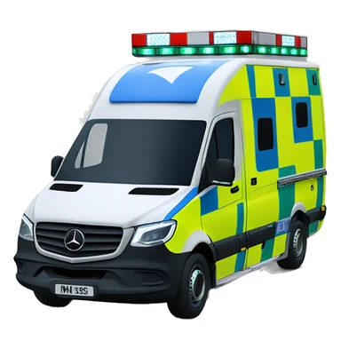 British NHS Mercedes sprinter ambulance, yellow body, with green and yellow checkerboard print strip along the bottom. NHS blue and white logo on the side. Blue flashing lights.  sticker