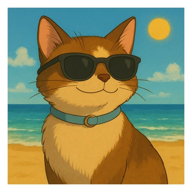 Add a sunny beach background behind the cat wearing sunglasses. sticker