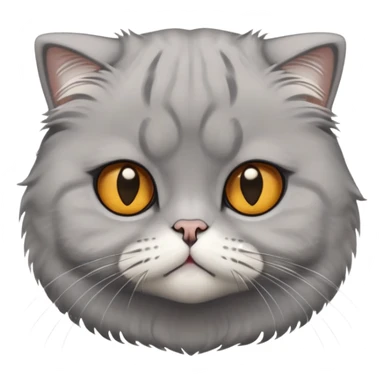 Cinematic-Fluffy-Grey-Scottish-Fold-Cat-Portrait-Emoji – Head tilted cutely with big, sparkling amber eyes, soft solid grey fur, and signature small folded ears pressed gently against its round head, simplified yet irresistibly adorable features, highly detailed, glowing with a soft and warm charm. sticker