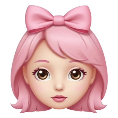 Cute coquette emoji, round face, big sparkling eyes, soft blush on cheeks, small pink bow on top of the head, pastel colors, simple vector style, transparent background


 sticker