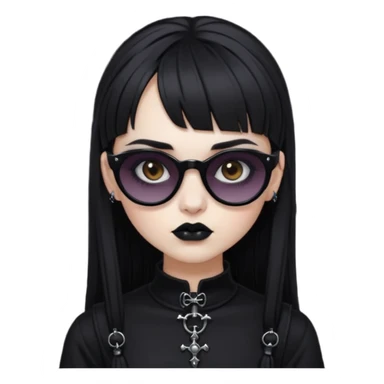 Faça uma moça de cabelo preto micro franja e penteado gótico pálida e com maquiagem gótica pesada olhos castanhos escuro e óculos de sol  sticker