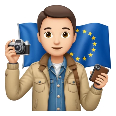 a tourist in europe holding a camera not wearing khaki sticker