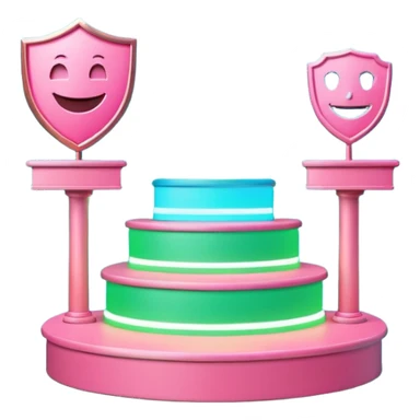Minimalist 3D emoji-style podium with 2 steps on a green chroma key background. Step 1 (higher) features a handshake icon with blue neon glow. Step 2 (lower) features a smiling tooth with a shield icon and pink neon glow. Clean rendering, soft colors, uniform lighting. sticker