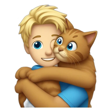 Blond Guy with blue eyes hugging big brown furry cat sticker