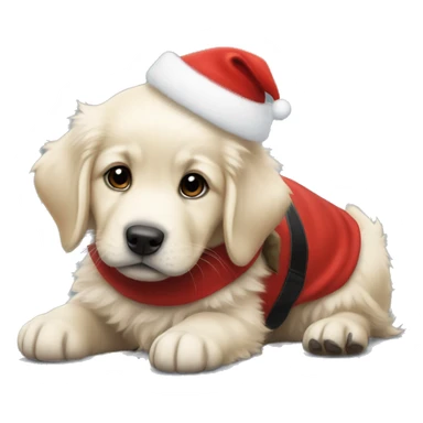 solid black fluffy puppy wearing red vest with white golden retriever puppy wearing a santa hat sticker
