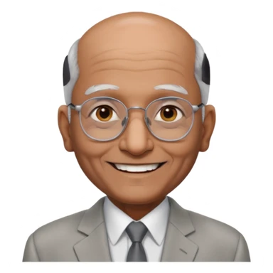 70 yr old indian man, almost bald, some white hair, light grey business suit, big smile, dark brown skin, no moustache, dark brown eyes, glasses
 sticker