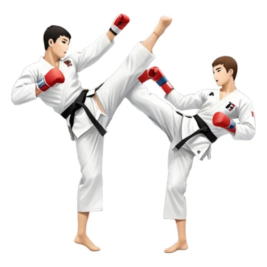 Two taekwondo fighters in traditional white doboks with black belts compete in a dynamic match. One delivers a high kick, while the other blocks using their knee. The background features a professional arena with bright lights and spectators. Transparent background. sticker