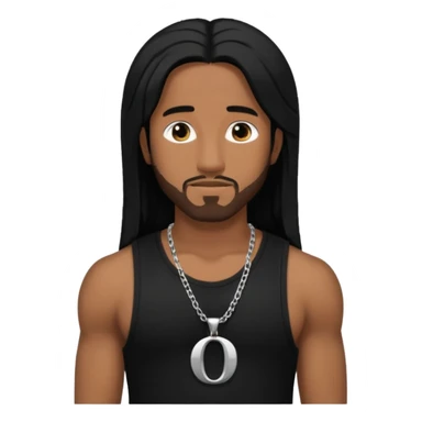 Omarion medium dark skin, long black hair, black tank top with necklace with letter o sticker