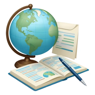 Create an emoji representing language translation. The design should feature a globe in the background, symbolizing international communication. In front of the globe, place two books or sheets of paper with texs on them and a pen nearby to indicate the act of writing. Use a clean and professional color palette with blues, greens, and neutral tones. Make the background transparent. sticker