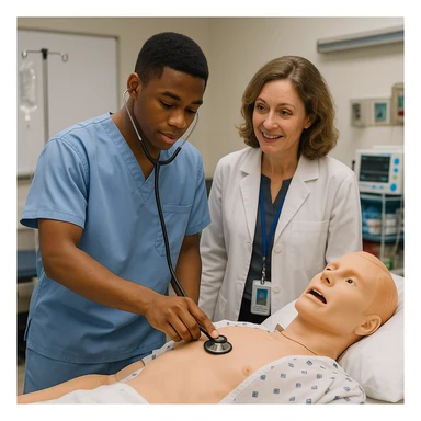 A student and teacher in a clinical skills lab, with the student demonstrating a medical technique, healthcare training, clinical education sticker