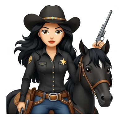confident hot tanned woman with long black hair cowgirl style wearing black outfit with gun and horse sticker