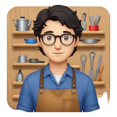 Young caucasian man with black wavy hair, round glasses, brown carpentry apron over a shirt, woodworker sticker