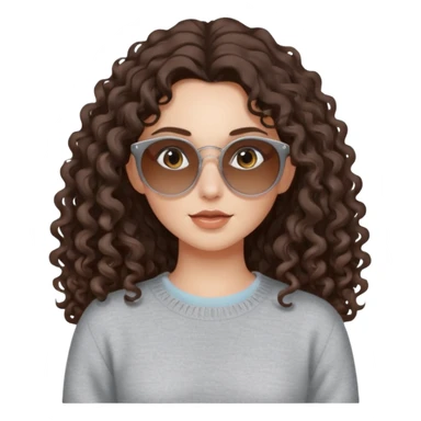 aesthetic white girl with dark brown, long curly hair, she wears a light grey sweater top and round brown sun glasses sticker