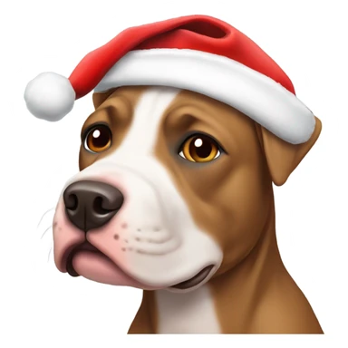 Mostly brown with some white pit bull dog with Santa hat sticker